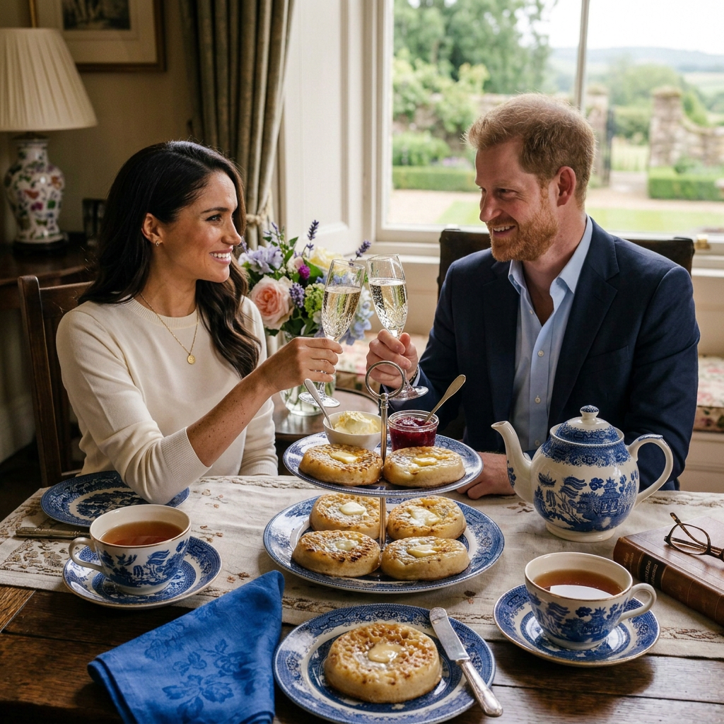 Afternoon tea with cakes, blue china, flowers, and garden views